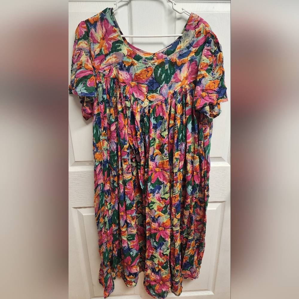Vintage Sita 1980s Floral Cotton Trapeze Dress, Size L
